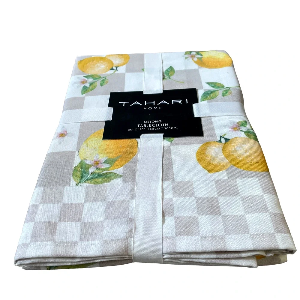 TAHARI Checkered Summer Lemons Tablecloth 60x120 Beige & White NEW